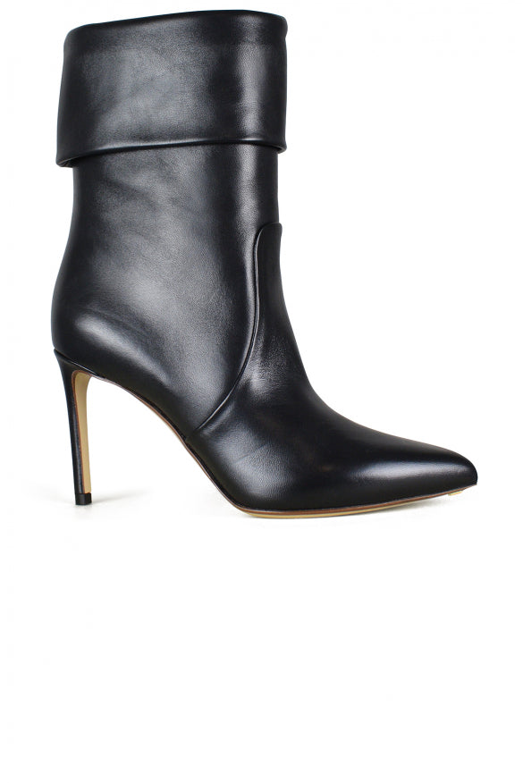 Black high-heeled ankle boot on a white background