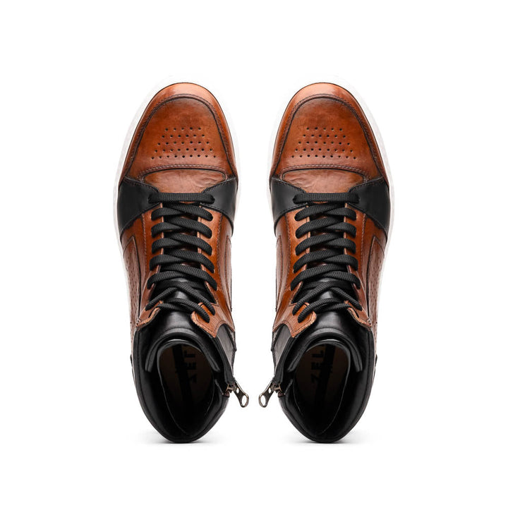65-356-BRN BRAVO Italian Burnished Calfskin High Top Dress Sneaker Black / Brown