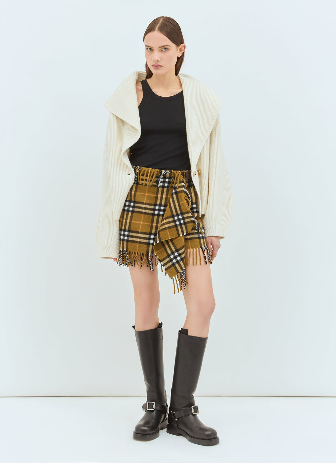 Burberry Women Check Wool And Cashmere Scarf Skirt