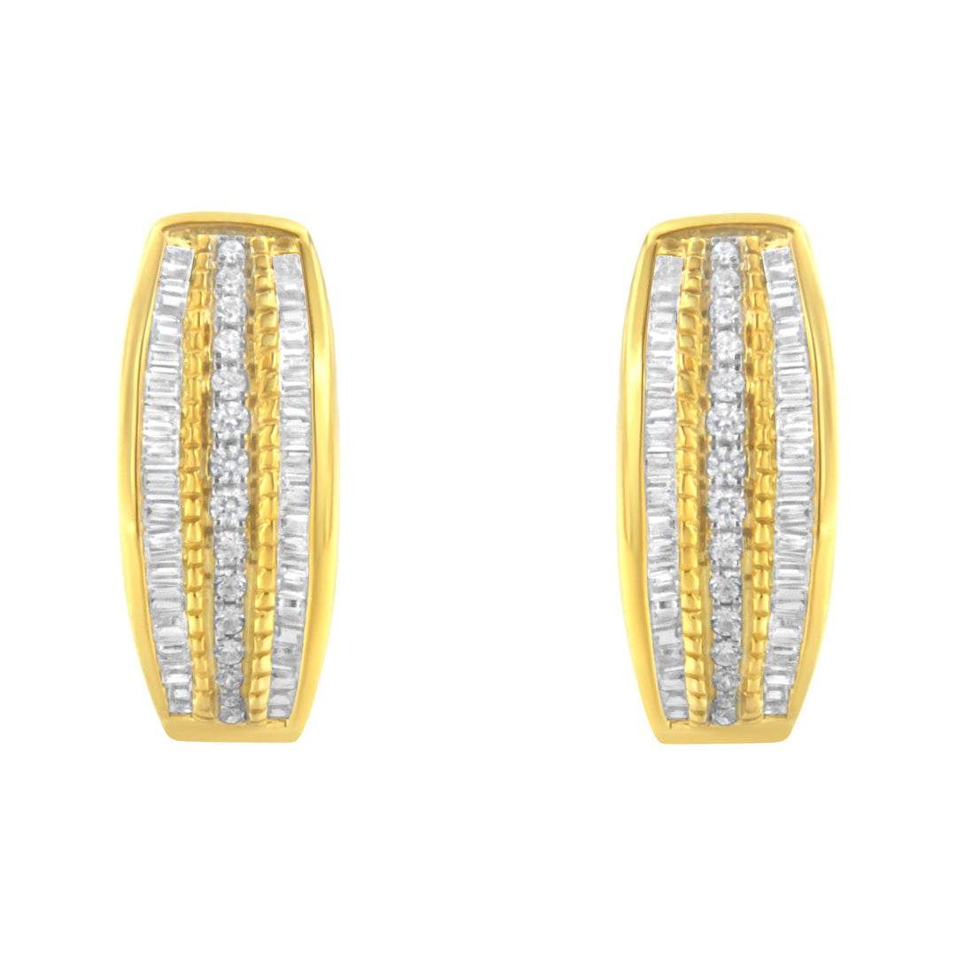 10K Yellow Gold 3/4 Cttw Pave and Channel Set Diamond Triple Row Modern Hoop Earrings (I-J Color, I2-I3 Clarity)