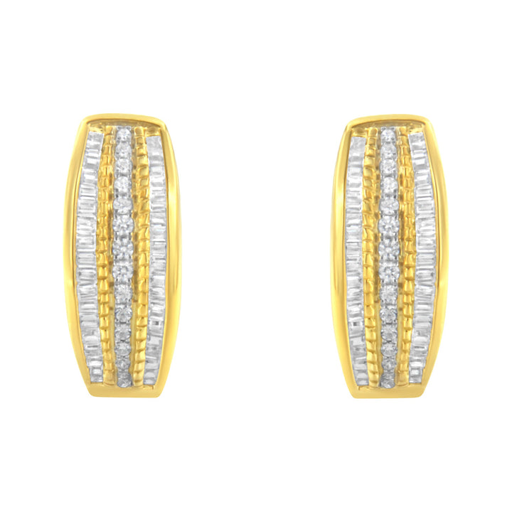 10K Yellow Gold 3/4 Cttw Pave and Channel Set Diamond Triple Row Modern Hoop Earrings (I-J Color, I2-I3 Clarity)