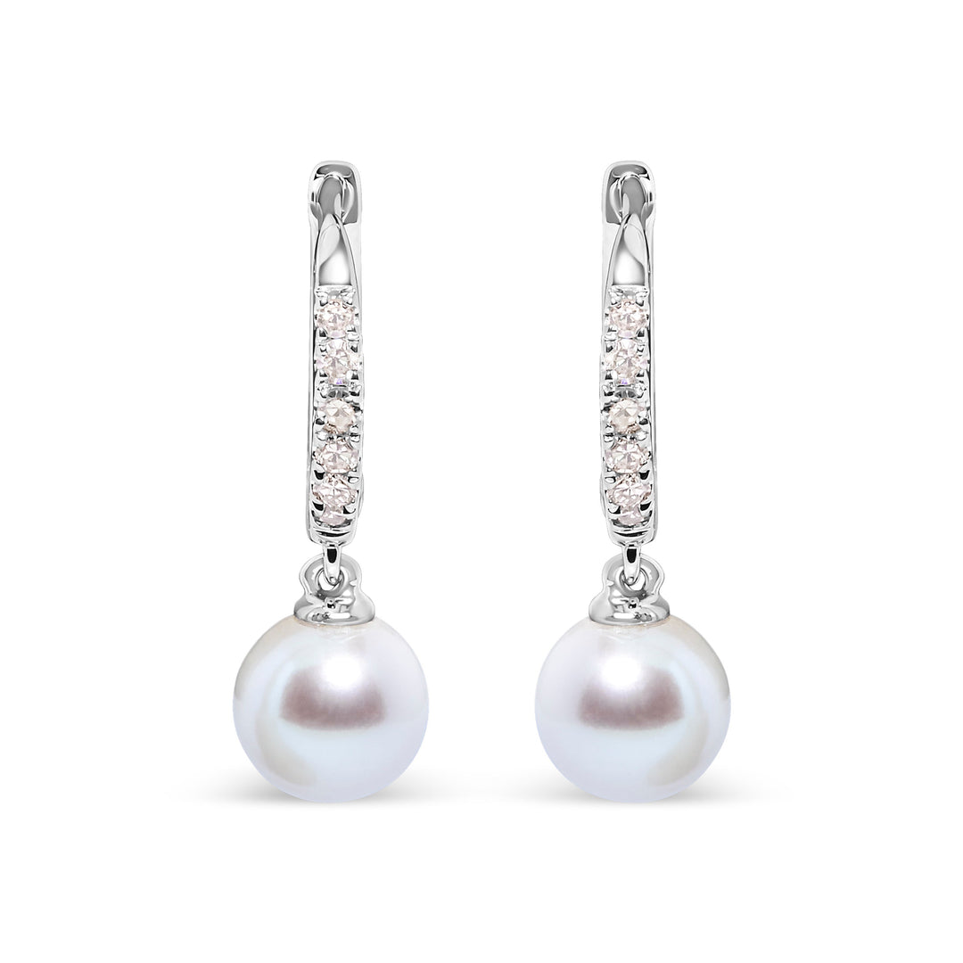 10K White Gold 6x6 MM Cultured Freshwater Pearl and Diamond Accent Drop Huggy Earring (H-I Color, I1-I2 Clarity)