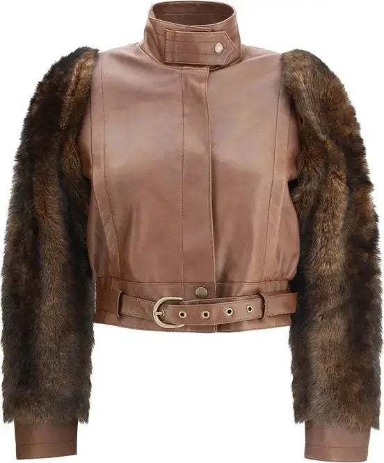 Brown leather vest with fur sleeves on a white background