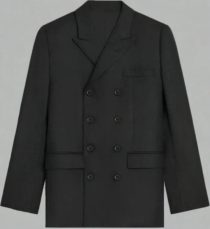 Black double-breasted jacket on a white background