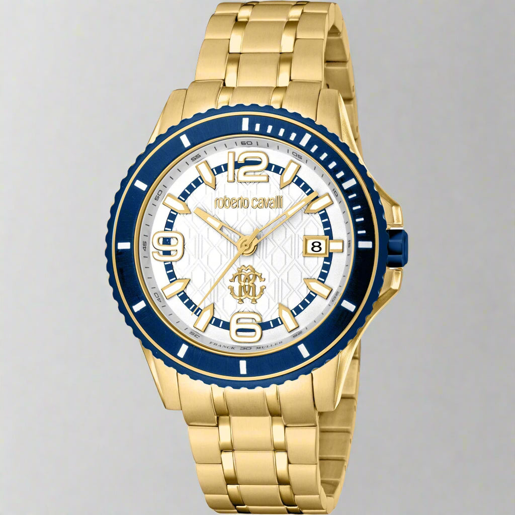 Roberto Cavalli white dial gold tone watch with day date