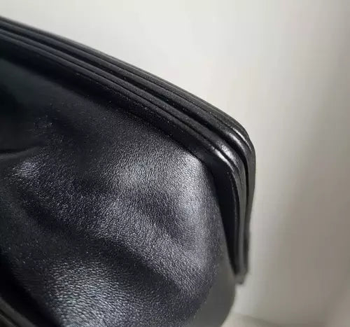 Preloved CHANEL classic quilted handbag front view Authentic CHANEL black leather flap bag CHANEL gold chain shoulder bag – preloved Vintage CHANEL logo clutch purse Secondhand CHANEL luxury tote with dust bag