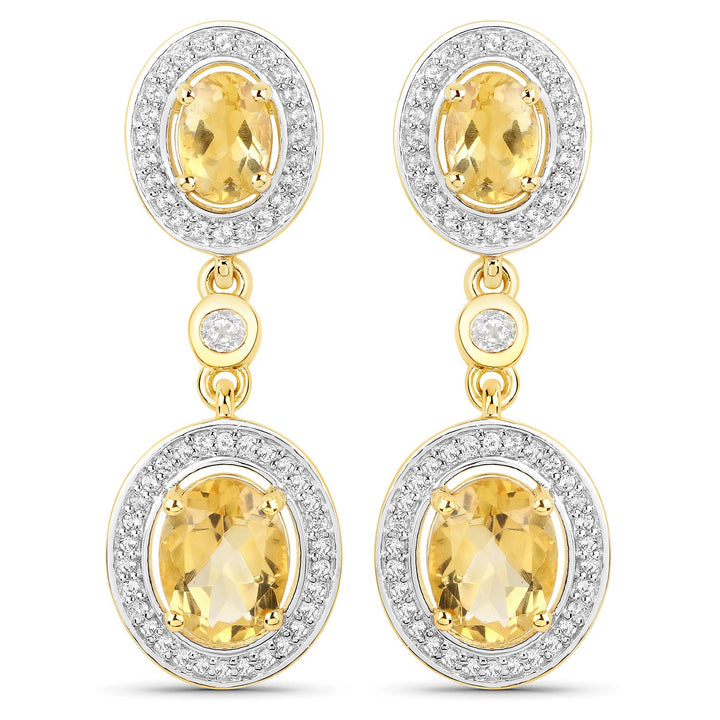 18K Yellow Gold Plated 5.70 Carat Genuine Citrine and White Topaz .925 Sterling Silver Earrings
