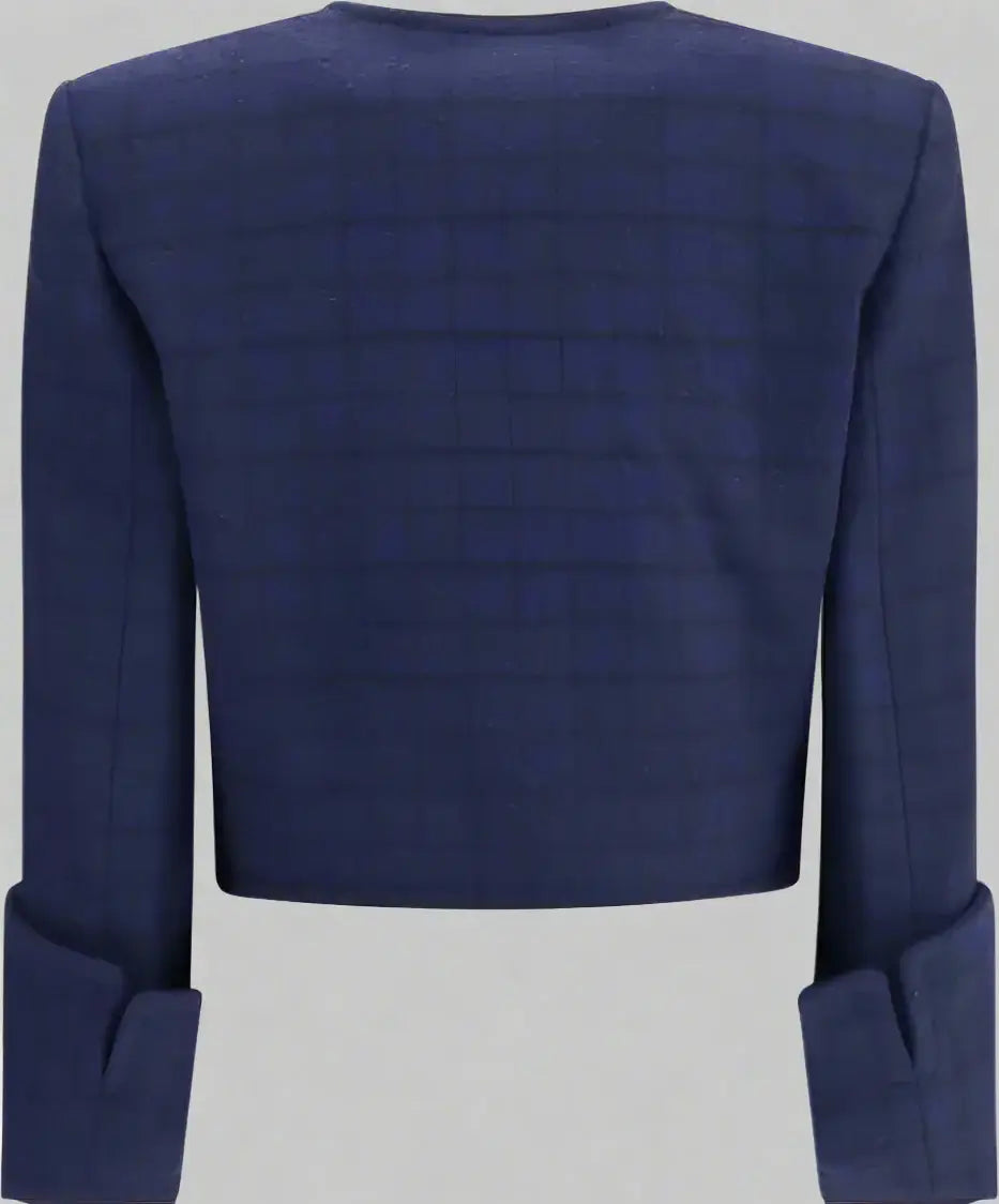 Navy blue jacket with a textured pattern on a white background