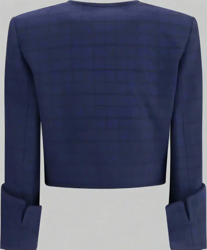 Navy blue jacket with a textured pattern on a white background