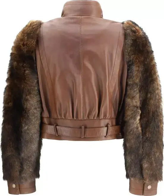 Brown leather jacket with fur trim on a white background