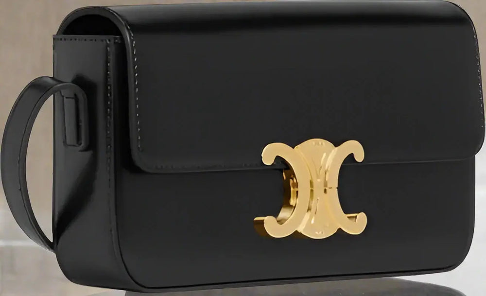Black handbag with a gold clasp on a white background