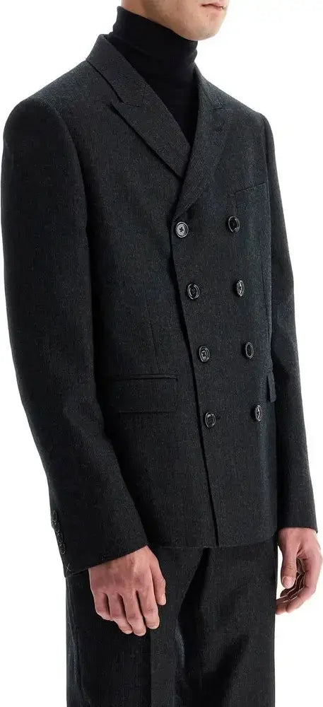Dark gray double-breasted coat worn by a person