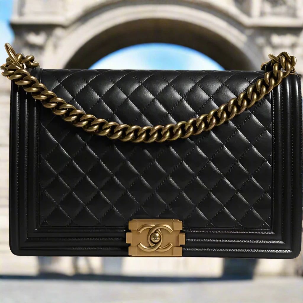 Preloved CHANEL classic quilted handbag front view Authentic CHANEL black leather flap bag CHANEL gold chain shoulder bag – preloved Vintage CHANEL logo clutch purse Secondhand CHANEL luxury tote with dust bag