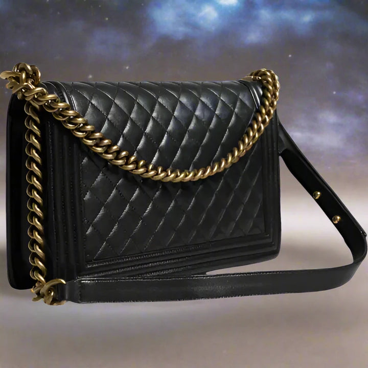 Preloved CHANEL classic quilted handbag front view Authentic CHANEL black leather flap bag CHANEL gold chain shoulder bag – preloved Vintage CHANEL logo clutch purse Secondhand CHANEL luxury tote with dust bag