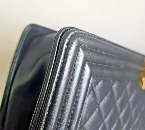 Preloved CHANEL classic quilted handbag front view Authentic CHANEL black leather flap bag CHANEL gold chain shoulder bag – preloved Vintage CHANEL logo clutch purse Secondhand CHANEL luxury tote with dust bag