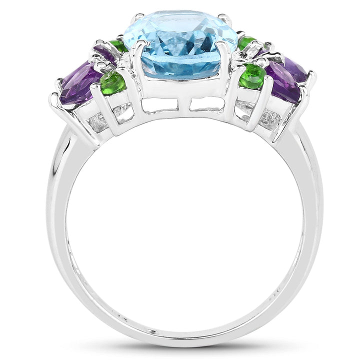 4.00 Carat Genuine Swiss Blue Topaz, Chrome Diopside &amp; Amethyst .925 Sterling Silver Ring