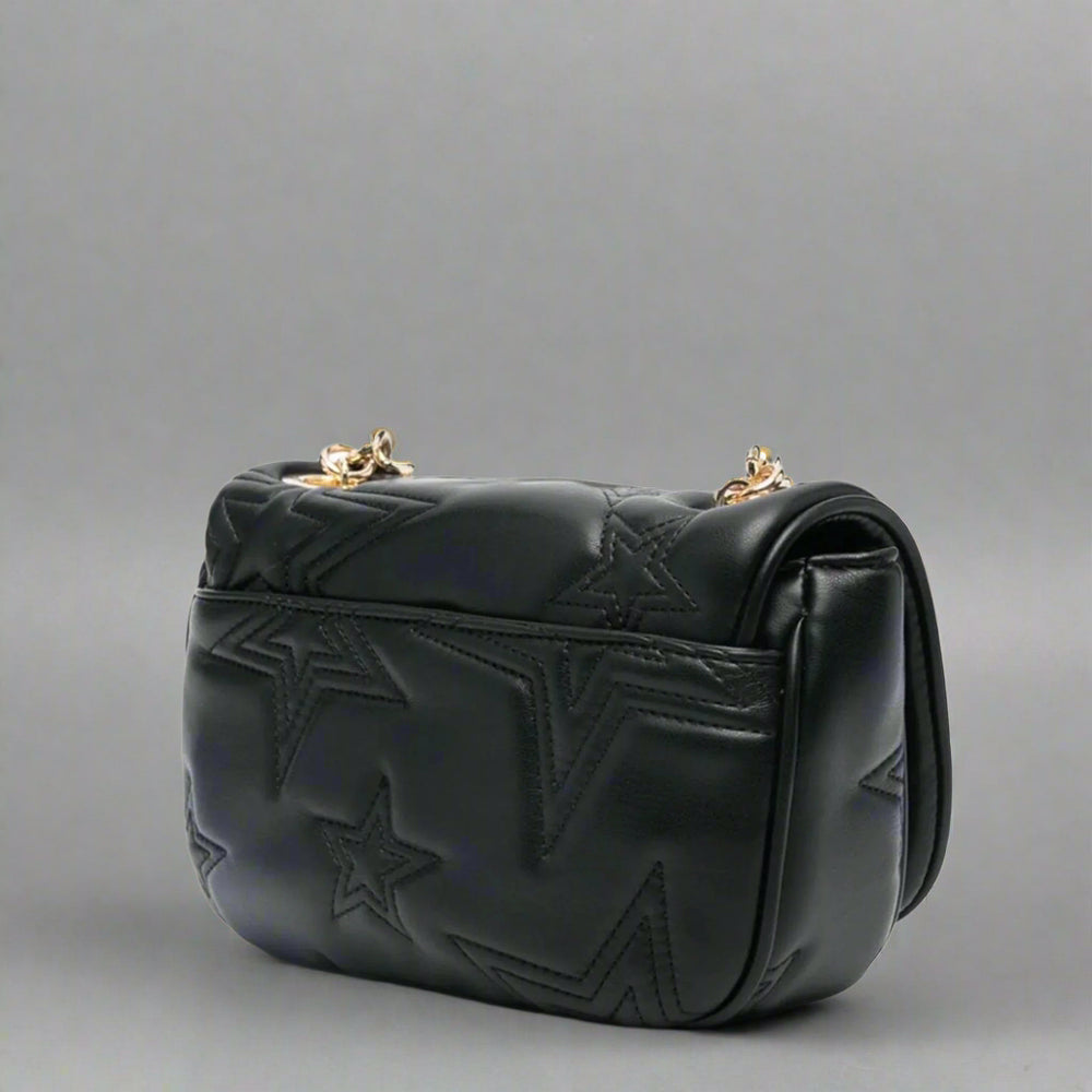 Versace Jeans Couture crossbody bag for women, featuring a black synthetic leather design with star embossed motifs.