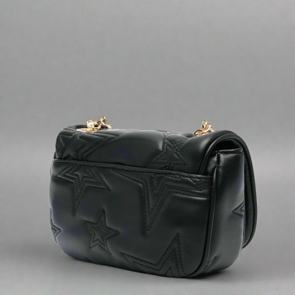 Versace Jeans Couture crossbody bag for women, featuring a black synthetic leather design with star embossed motifs.