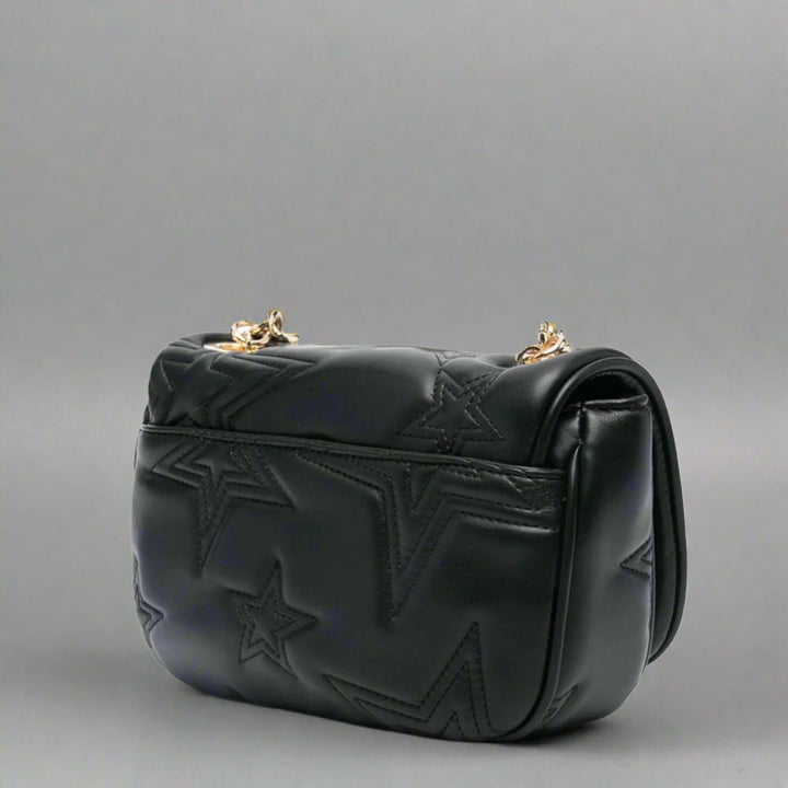 Versace Jeans Couture crossbody bag for women, featuring a black synthetic leather design with star embossed motifs.