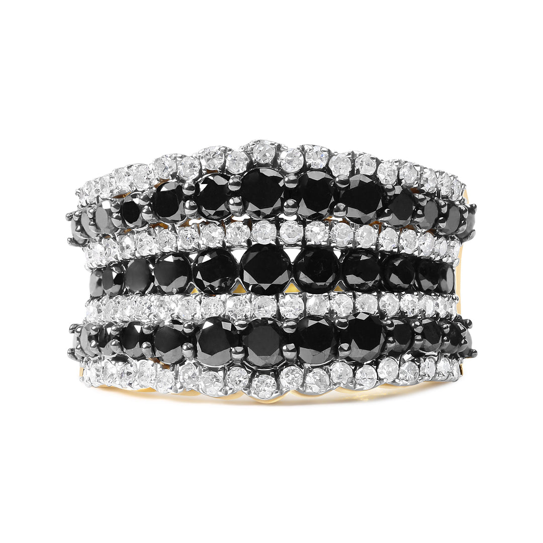 14K Yellow Gold Plated .925 Sterling Silver 1 3/4 Cttw Treated Black and White Alternating Diamond Multi Row Band Ring (Black / I-J Color, I2-I3 Clarity) - Size 7