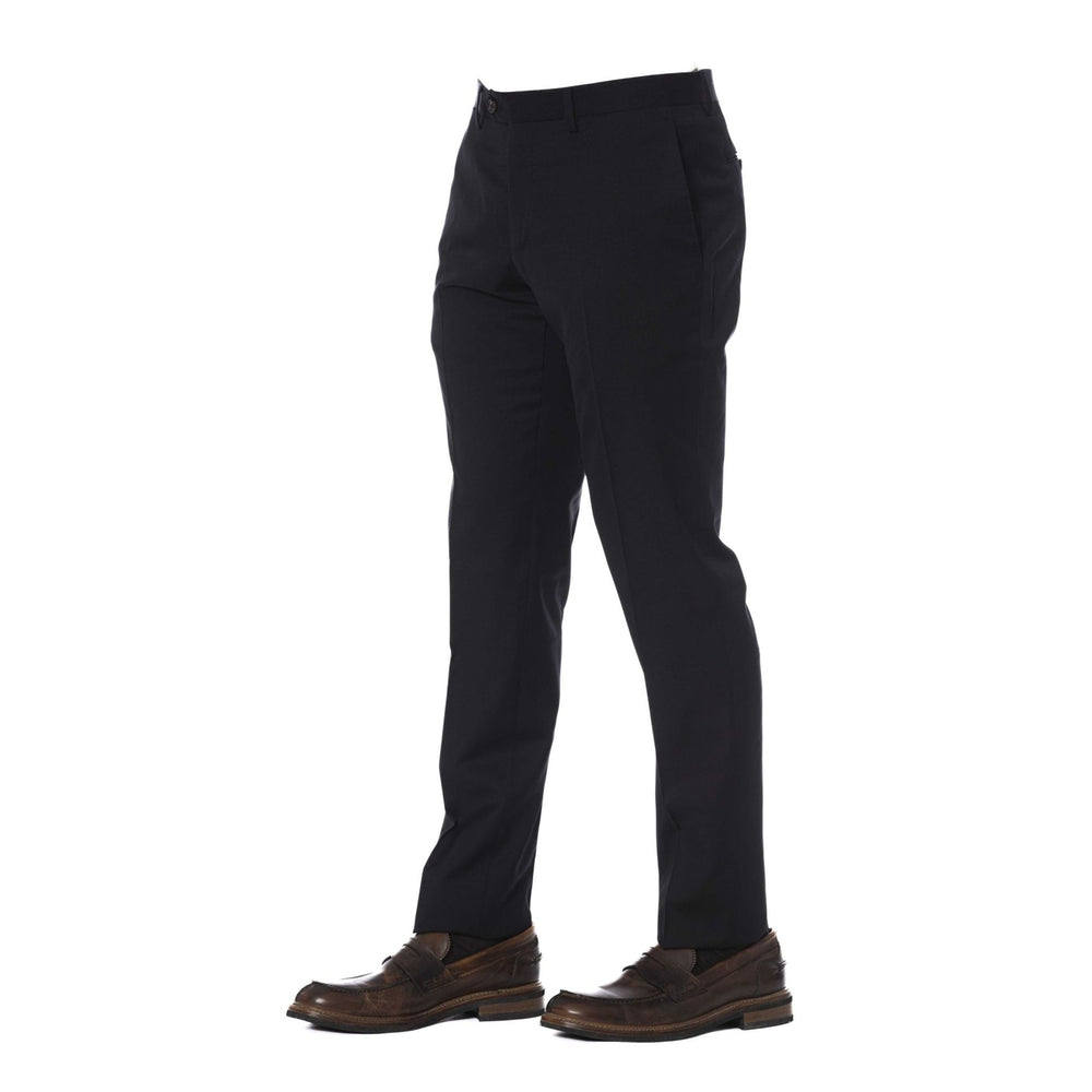 A pair of Trussardi black trousers, featuring a slim fit, flat front design, and visible logo detail on the back pocket.