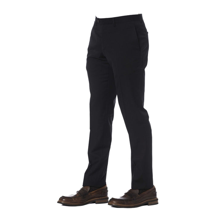A pair of Trussardi black trousers, featuring a slim fit, flat front design, and visible logo detail on the back pocket.