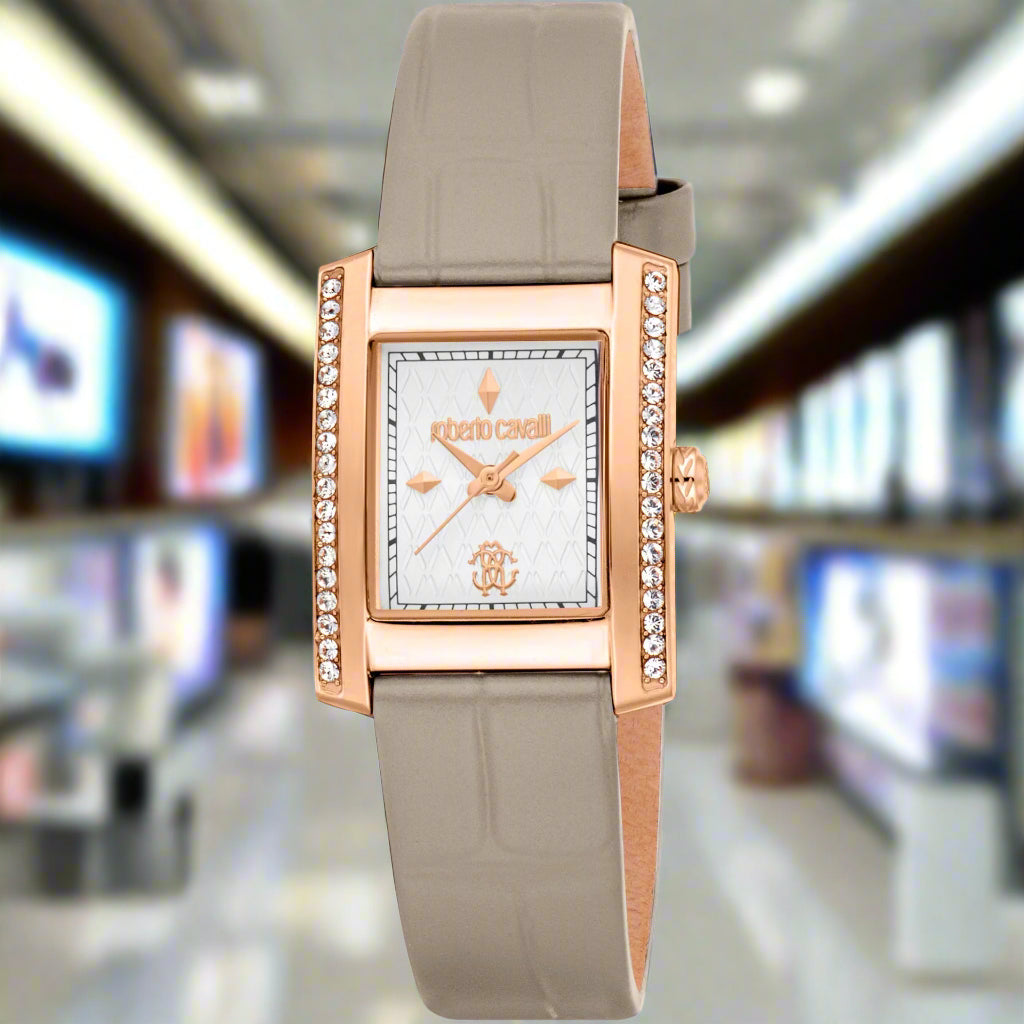 Roberto Cavalli women's rose gold with grey leather band Watches