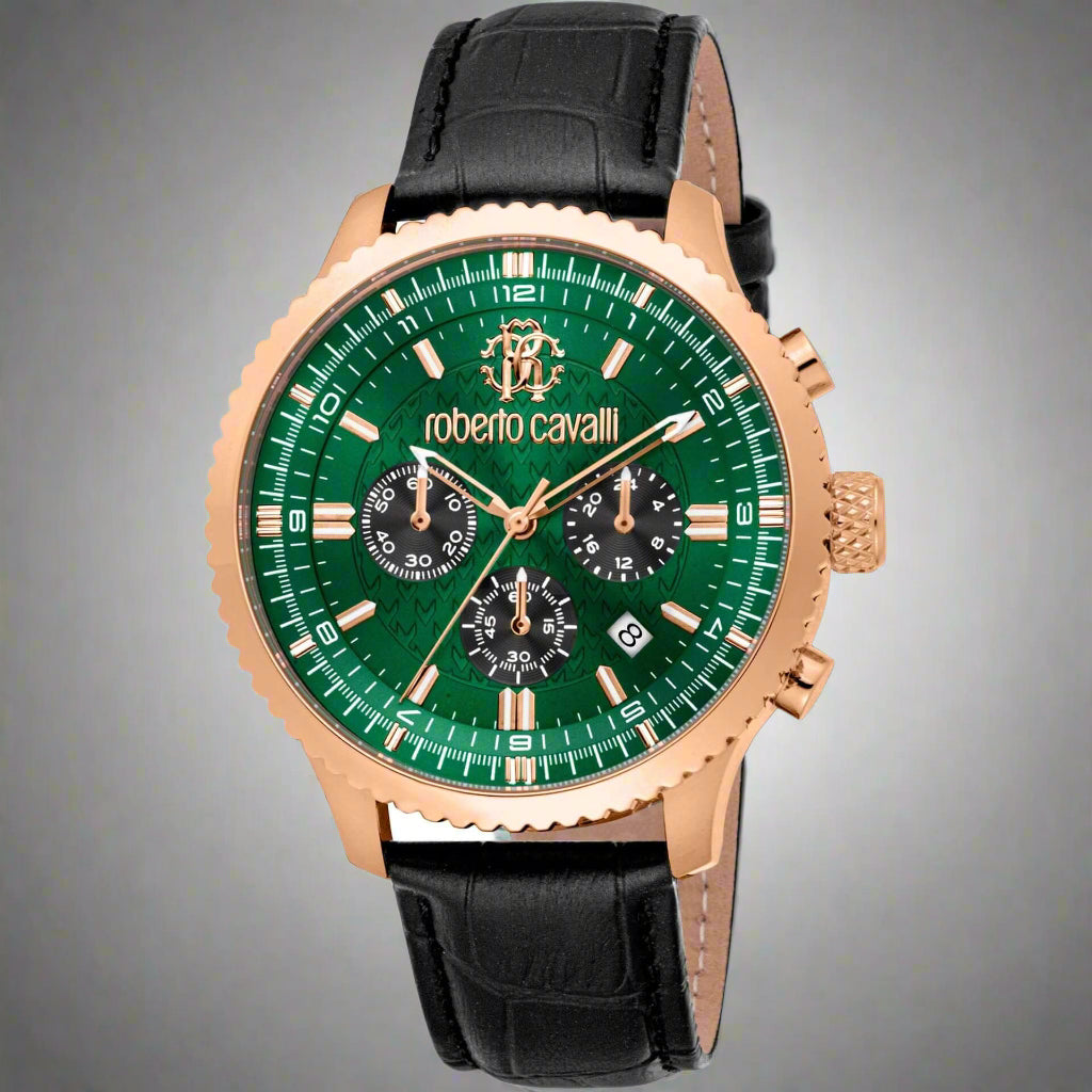 Roberto Cavalli men's chronograph watch with green analog dial, stainless steel casing, quartz movement, and leather strap.