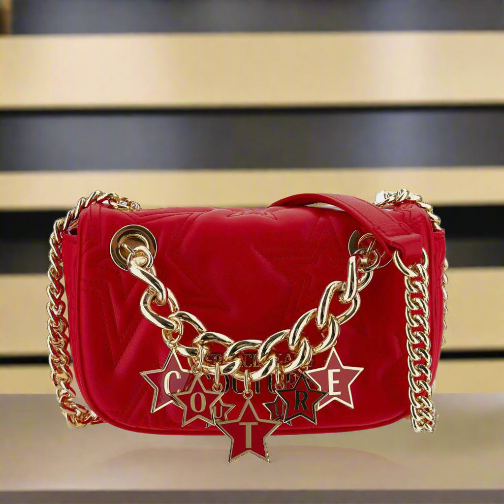 Versace Jeans Couture red crossbody bag with gold emblem, featuring synthetic leather and chain strap.