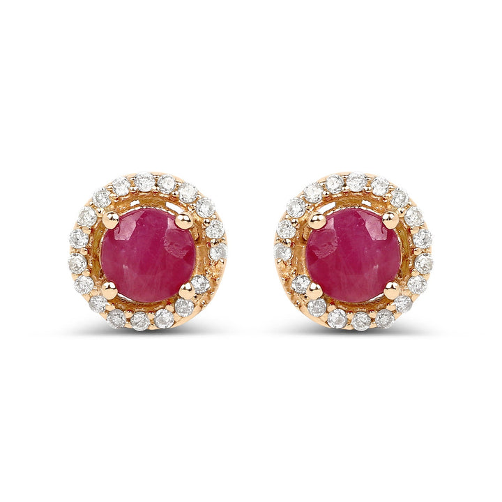 0.71 Carat Genuine Ruby and White Diamond 14K Yellow Gold Earrings