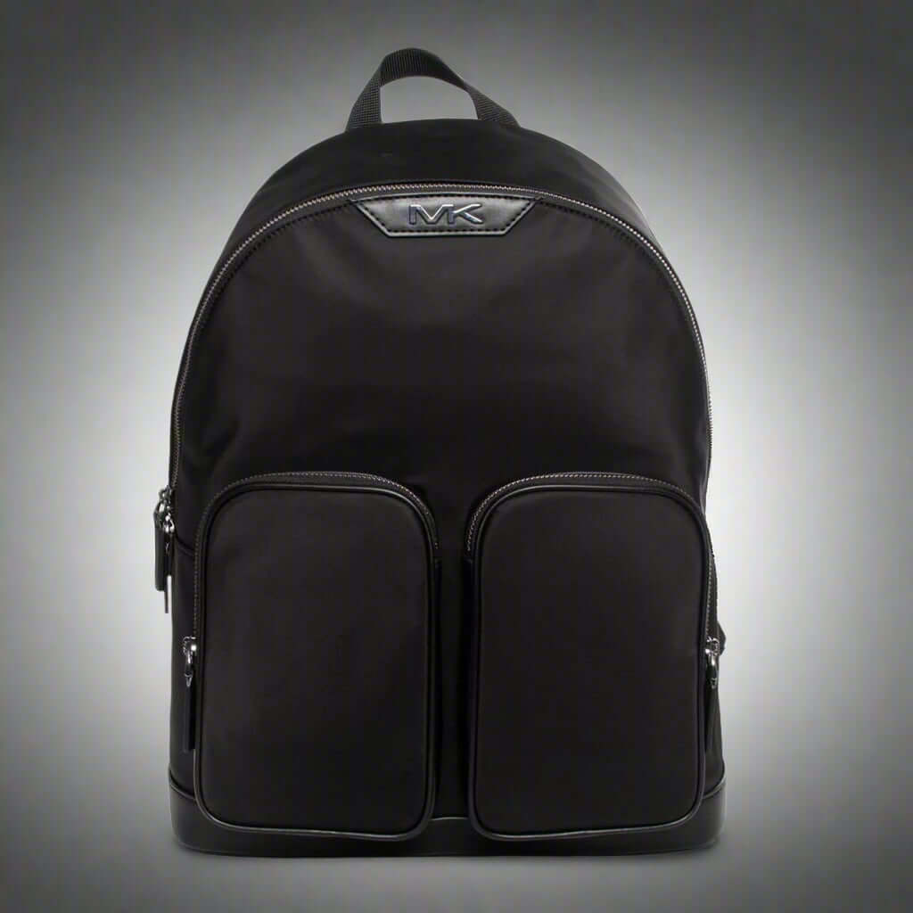 Black backpack with a brand logo on a white background