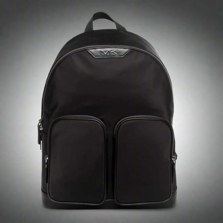 Black backpack with a brand logo on a white background