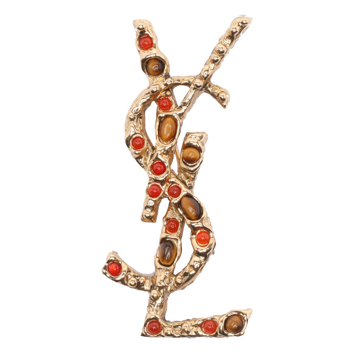 Saint Laurent Women Cassandre In Tiger's Eye, Sunstone And Metal Brooch