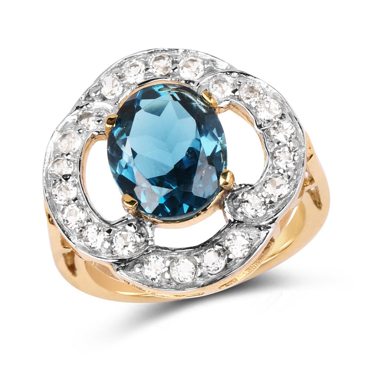 14K Yellow Gold Plated 5.13 Carat Genuine London Blue Topaz &amp; White Topaz .925 Sterling Silver Ring
