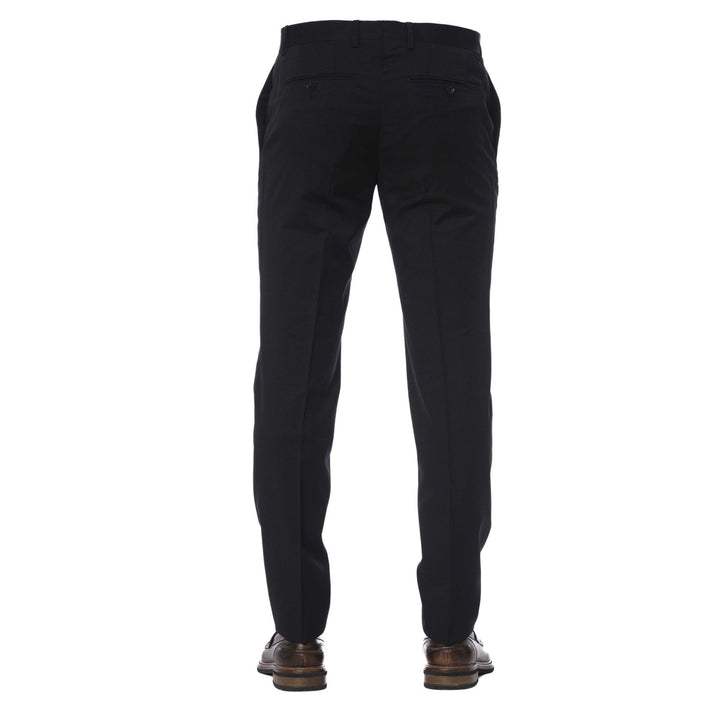 A pair of Trussardi black trousers, featuring a slim fit, flat front design, and visible logo detail on the back pocket.