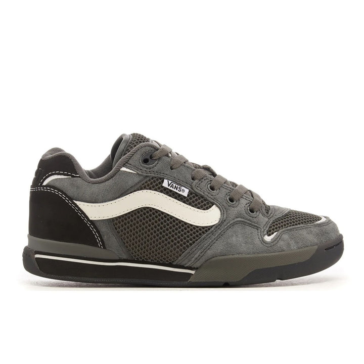 Gray and black sneaker with white accents on a white background