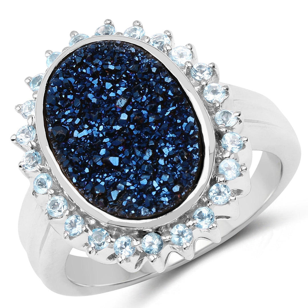 3.68 Carat Genuine Cobalt Blue Drusy &amp; Swiss Blue Topaz .925 Sterling Silver Ring