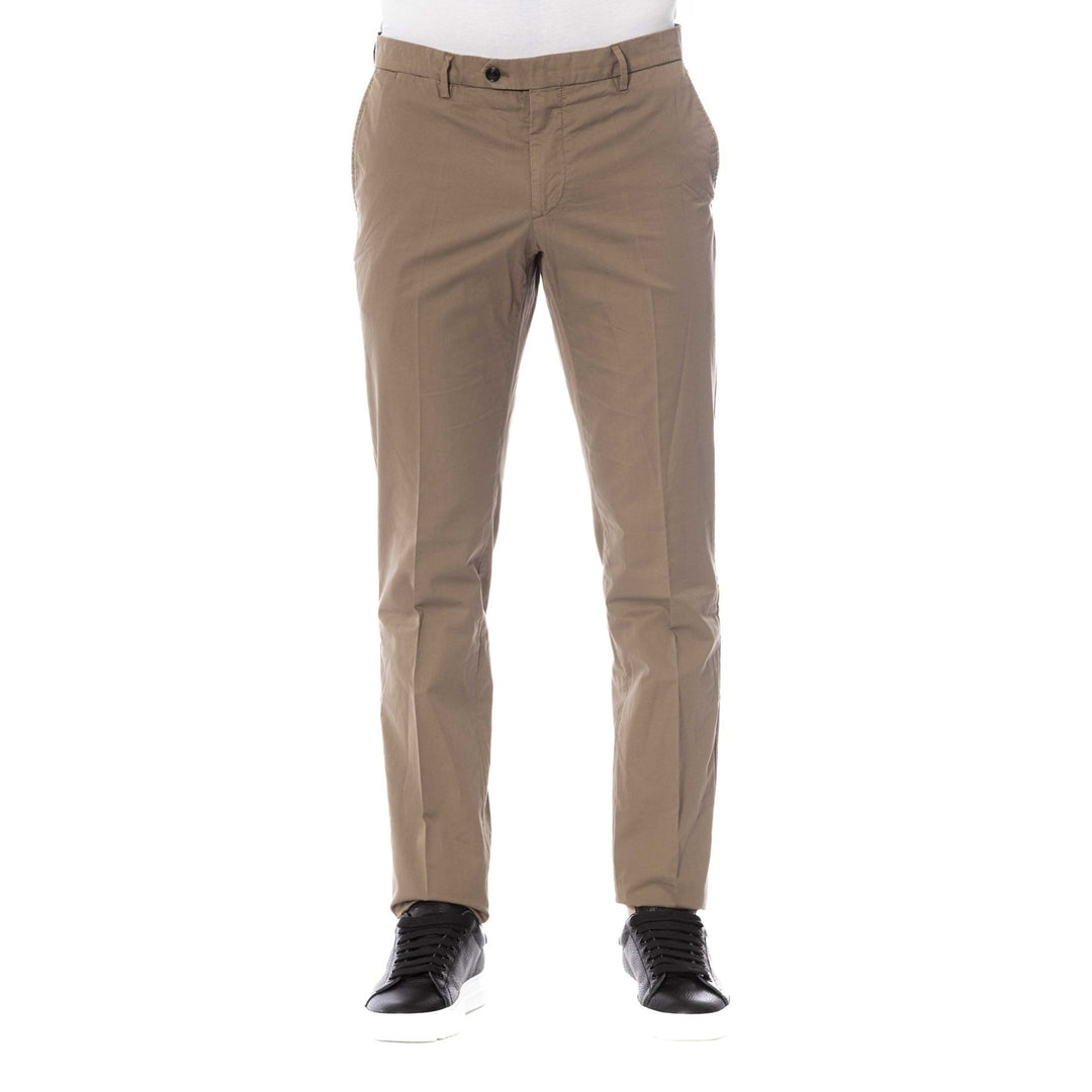 A pair of brown Trussardi trousers with a front fly fastening, visible button, and four pockets.