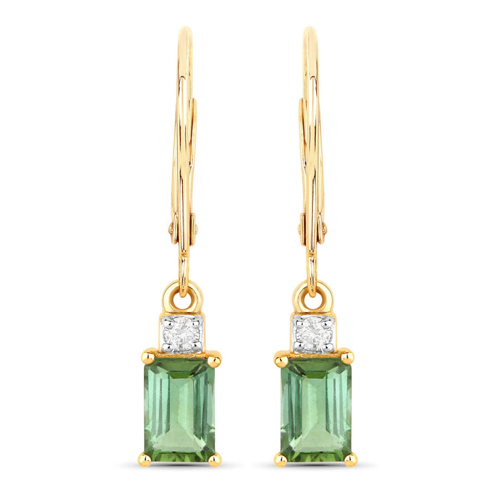 1.28 Carat Genuine Green Tourmaline and White Diamond 14K Yellow Gold Earrings