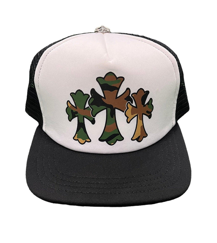 Chrome Hearts King Taco Camo Cross Trucker Hat Black / White