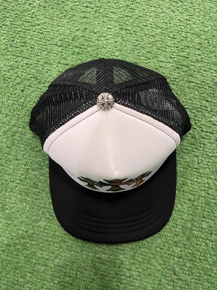 Chrome Hearts King Taco Camo Cross Trucker Hat Black / White