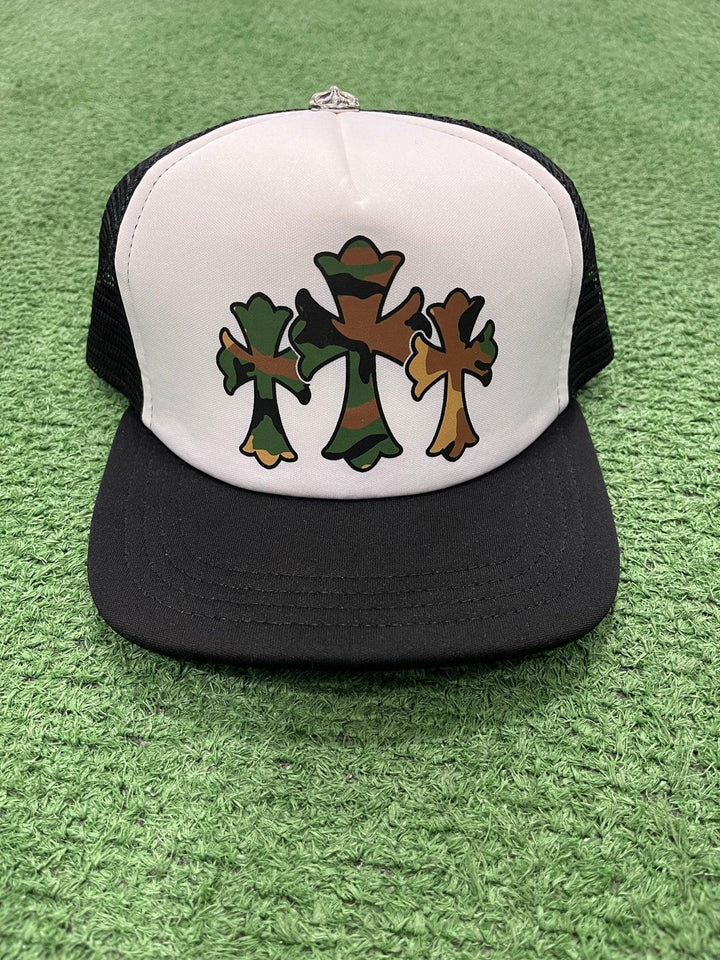 Chrome Hearts King Taco Camo Cross Trucker Hat Black / White