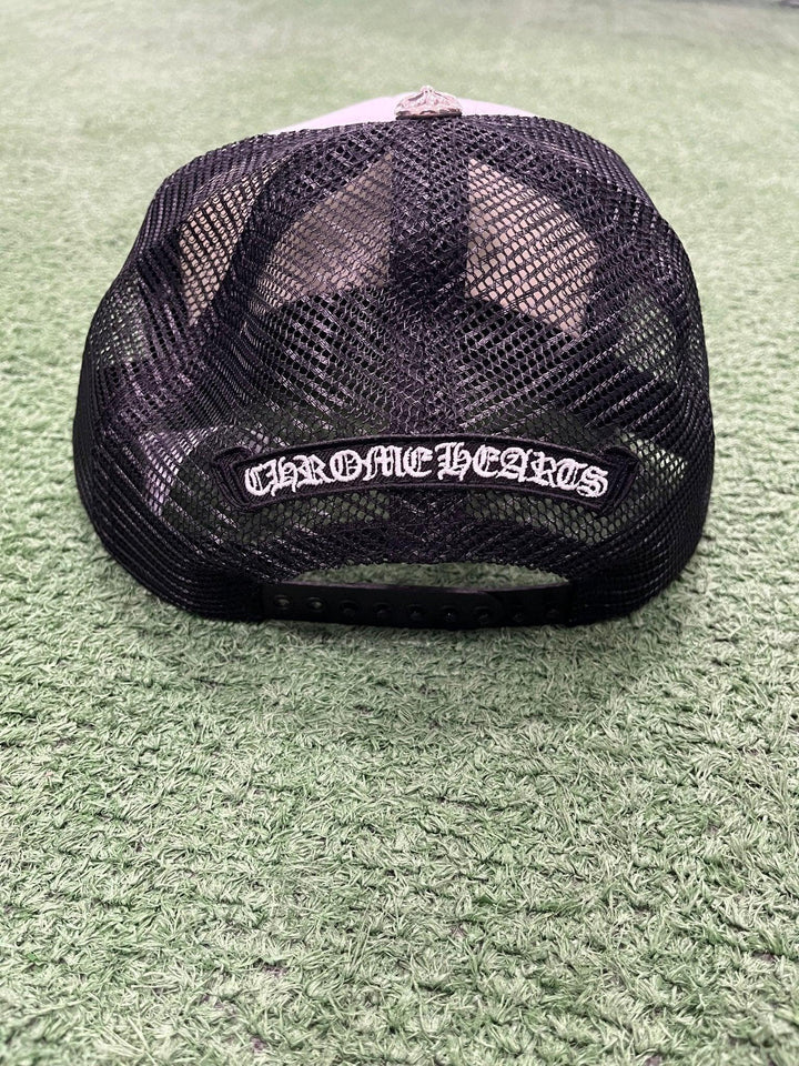 Chrome Hearts King Taco Camo Cross Trucker Hat Black / White