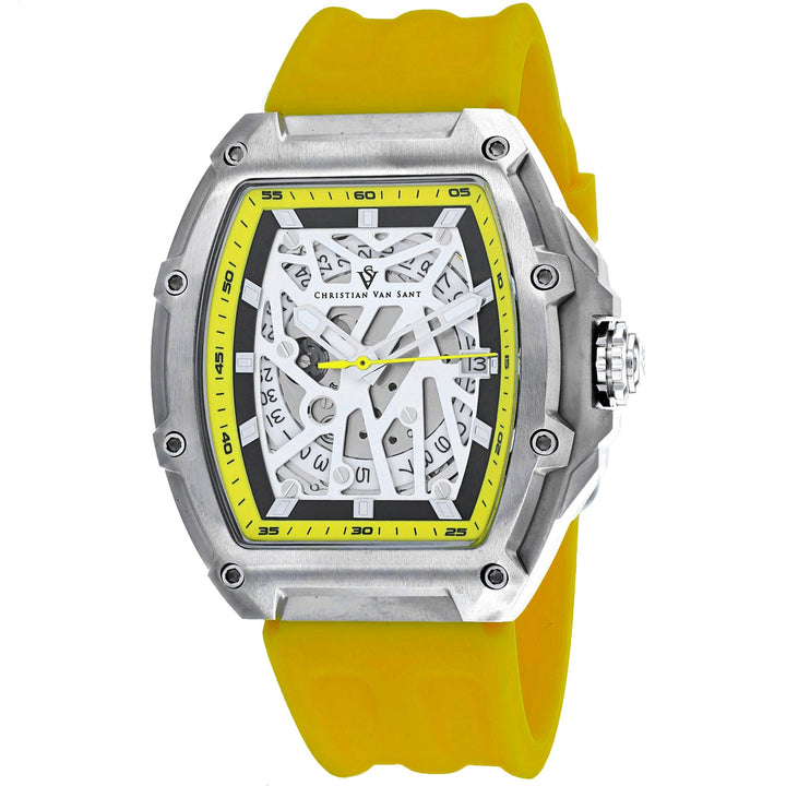 Watch with a yellow strap and silver case on a white background