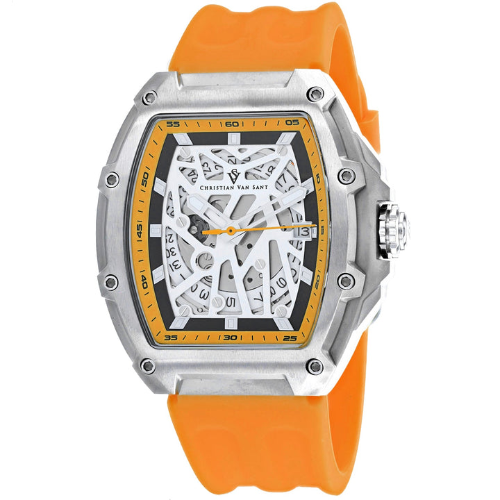 Watch with orange strap and silver case on a white background
