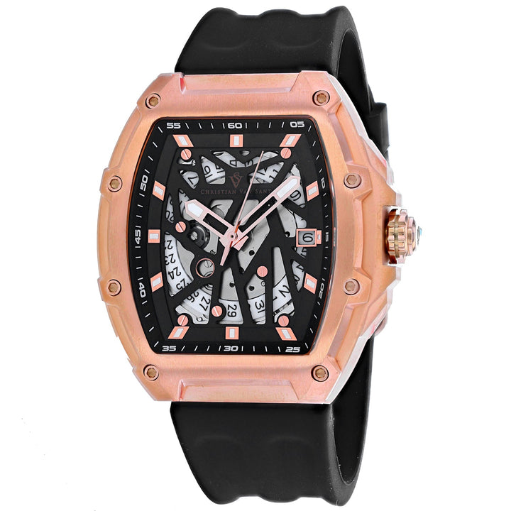 Luxury watch with rose gold case and black strap on white background