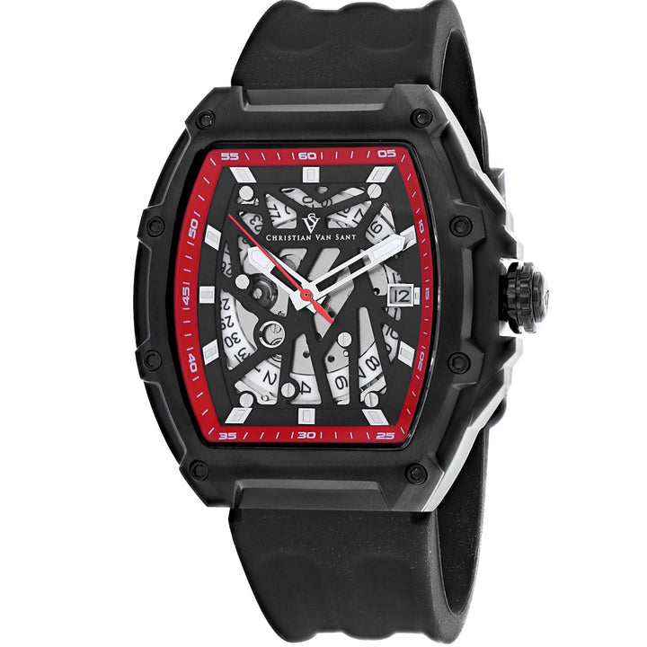 Black and red watch with a detailed face on a white background