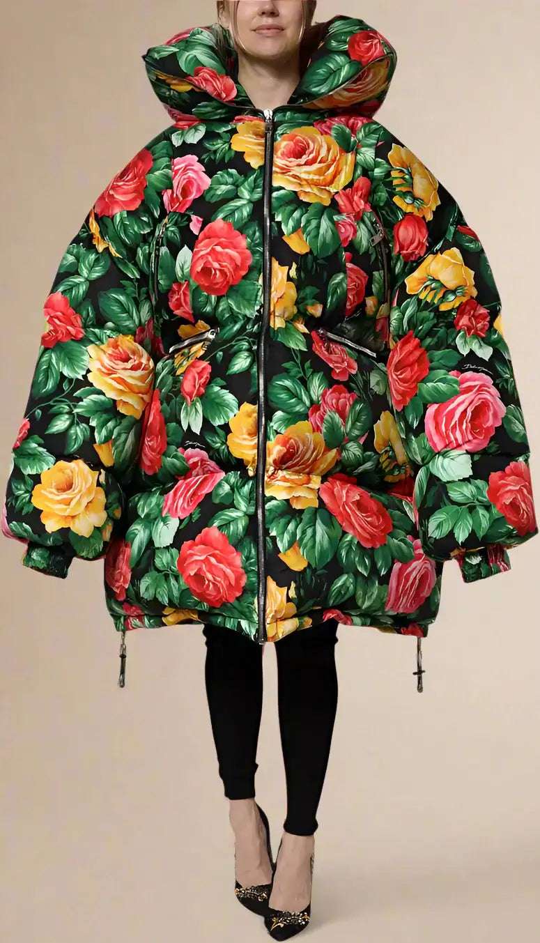 Dolce & Gabbana Multicolor Floral Puffer Hooded Jacket