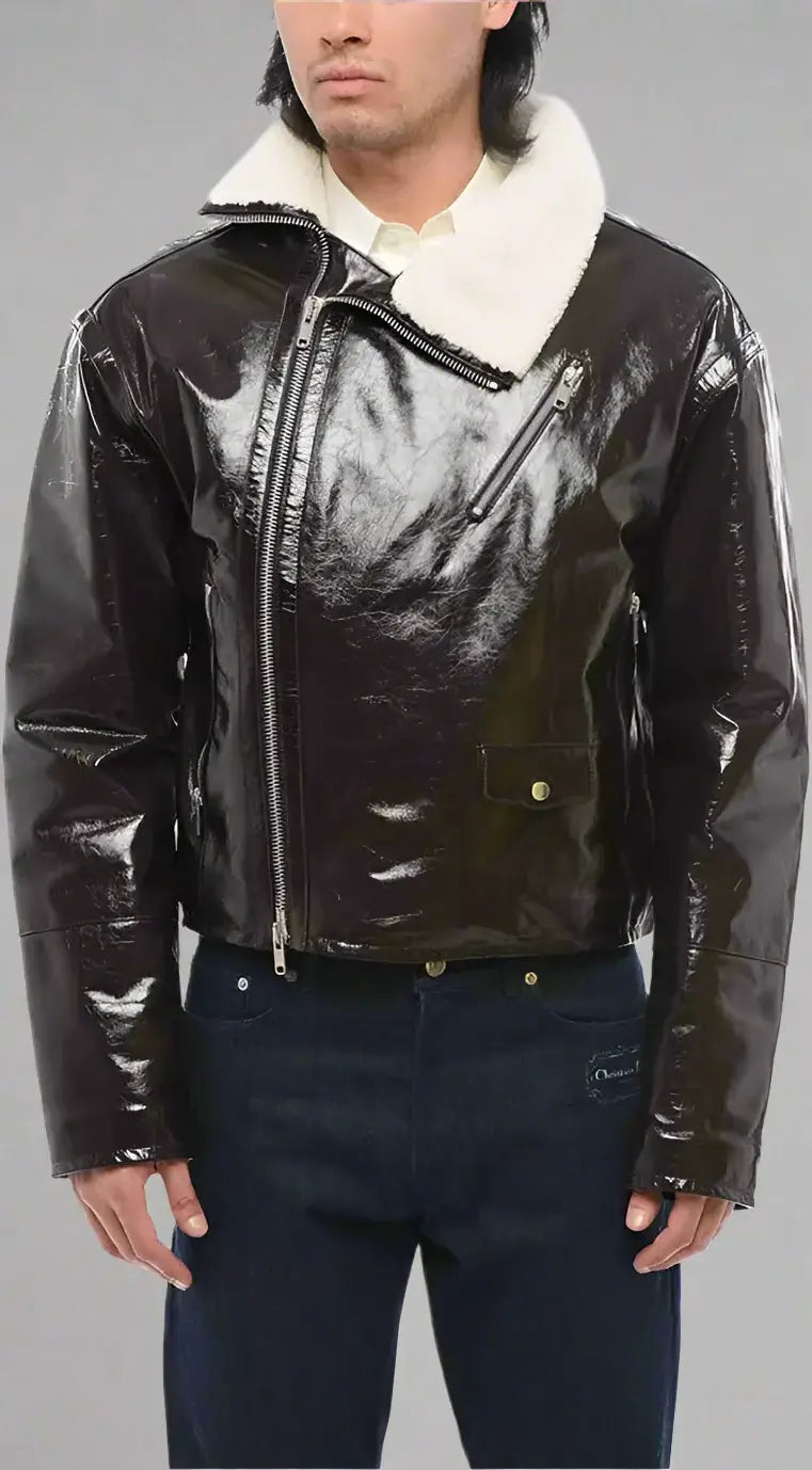 DIOR men's brown Craquelé Leather Jacket with Side Zip