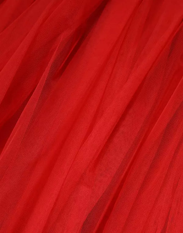 Dolce & Gabbana Red Floral Off Shoulder A-line Gown Dress fabric close-up, showcasing luxurious red tulle layers.